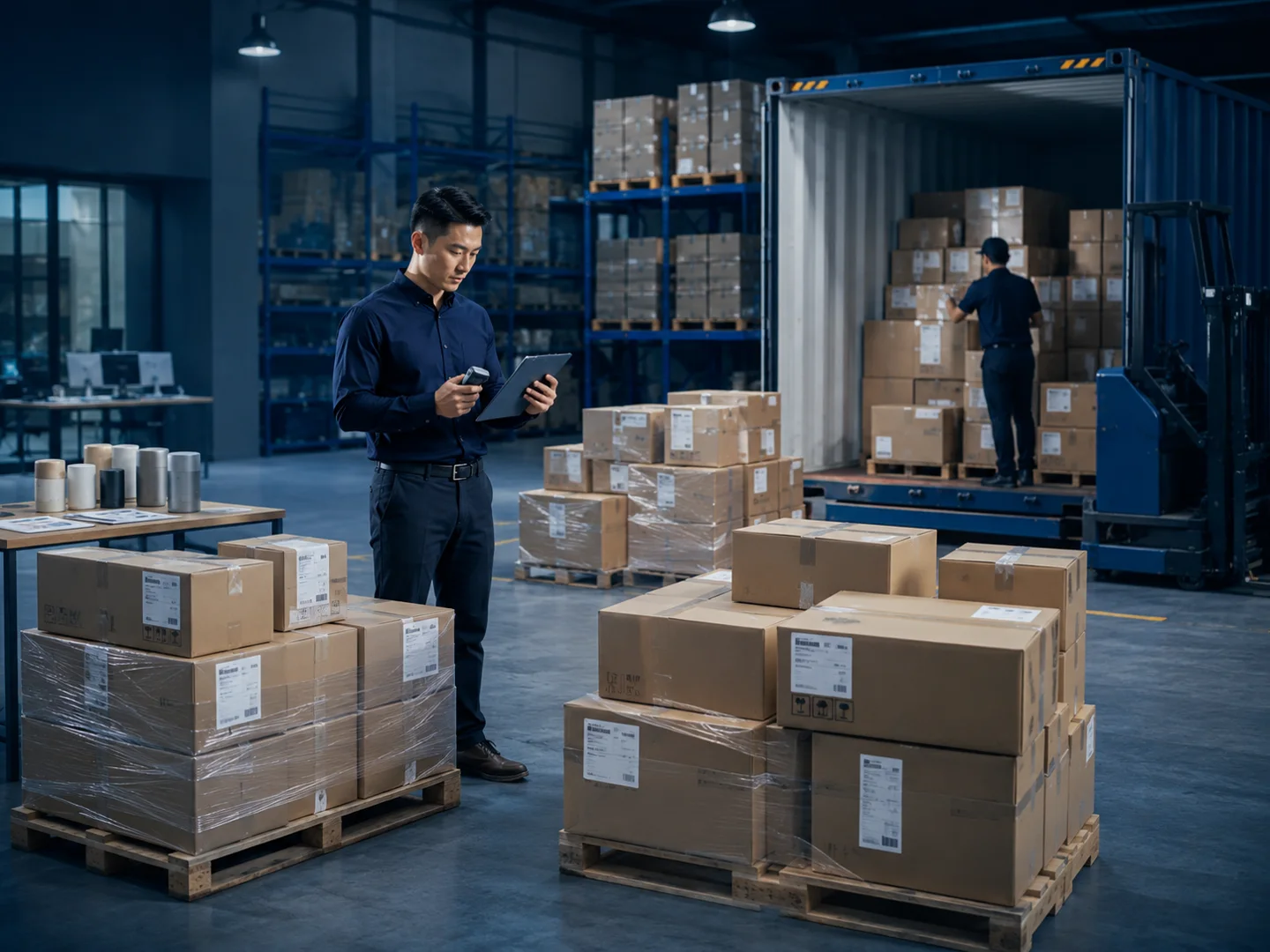 Cargo from multiple suppliers being checked before consolidation and export