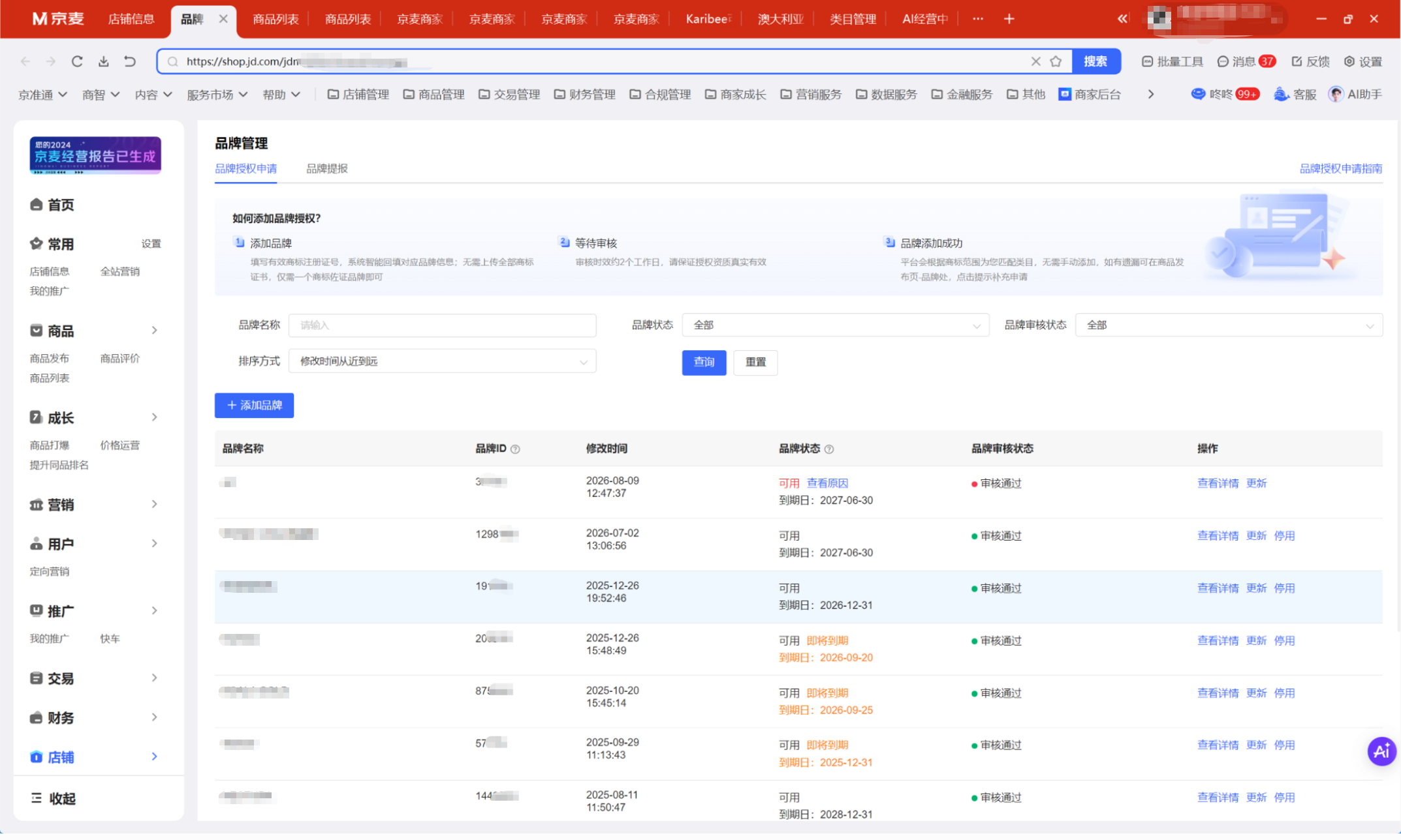 Brand authorization record with commercial terms redacted