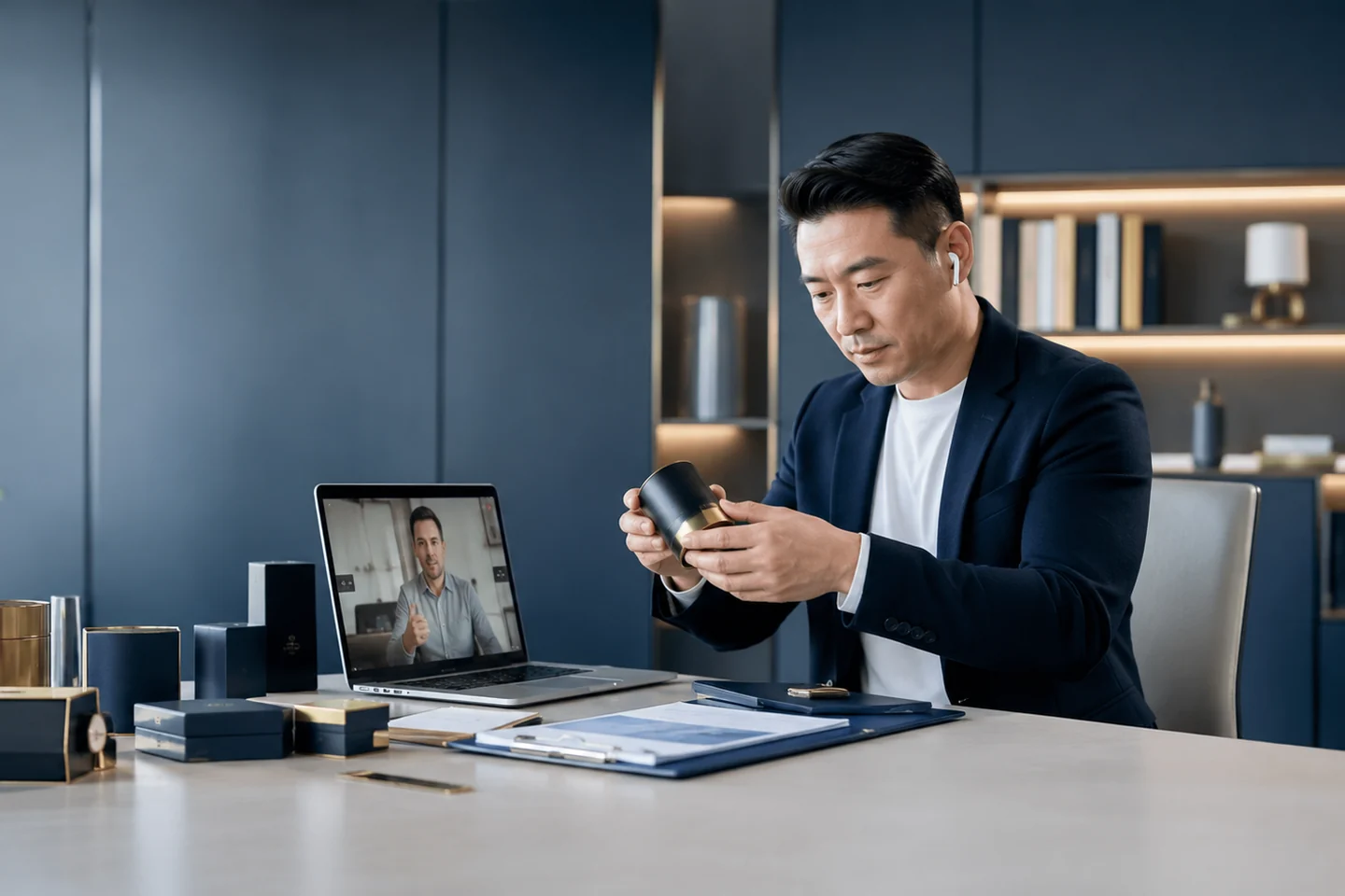 China sourcing project manager reviewing a product sample during a remote client meeting.