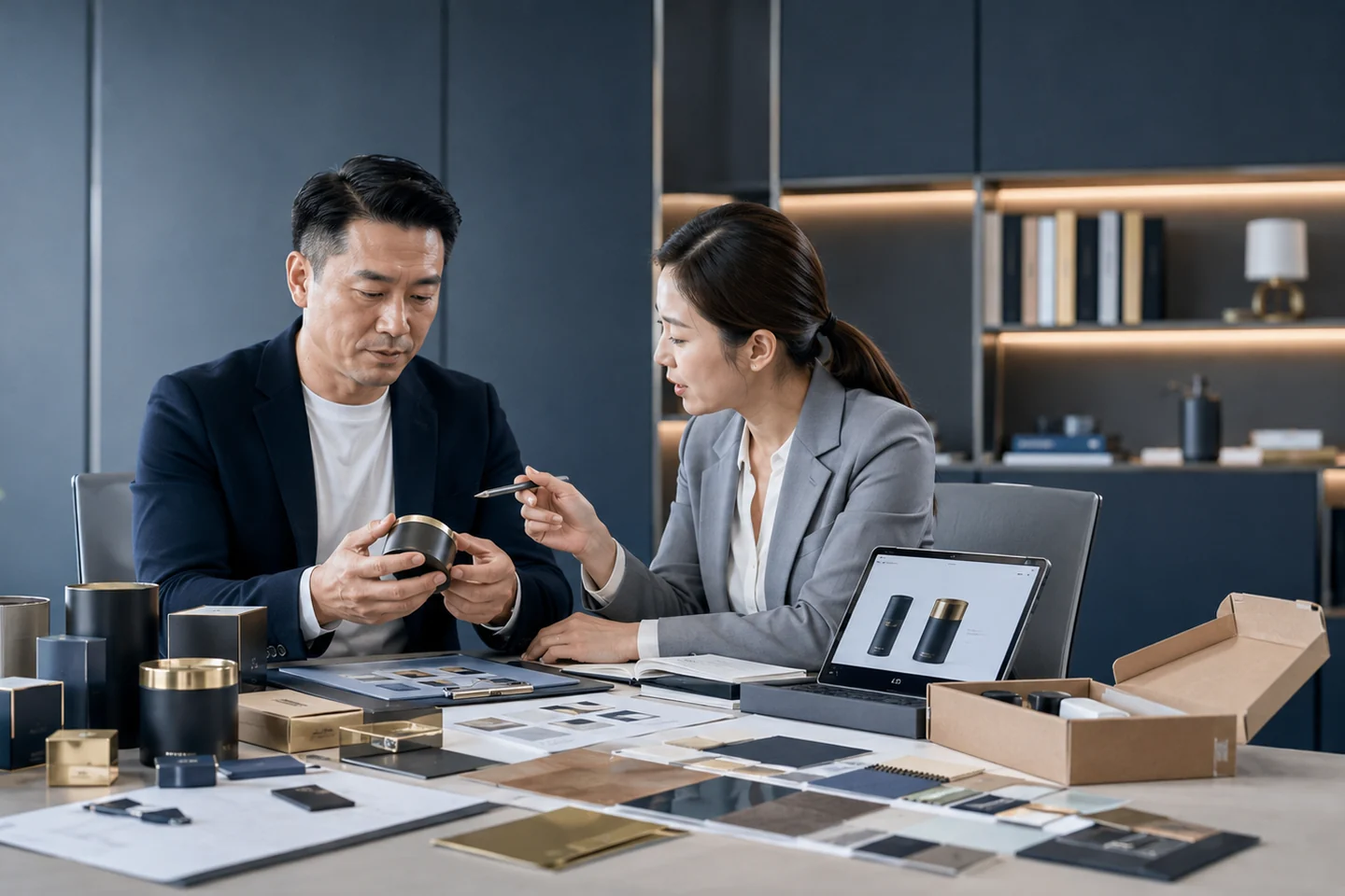 使用产品样品、色板和自有品牌材料进行包装开发会议。