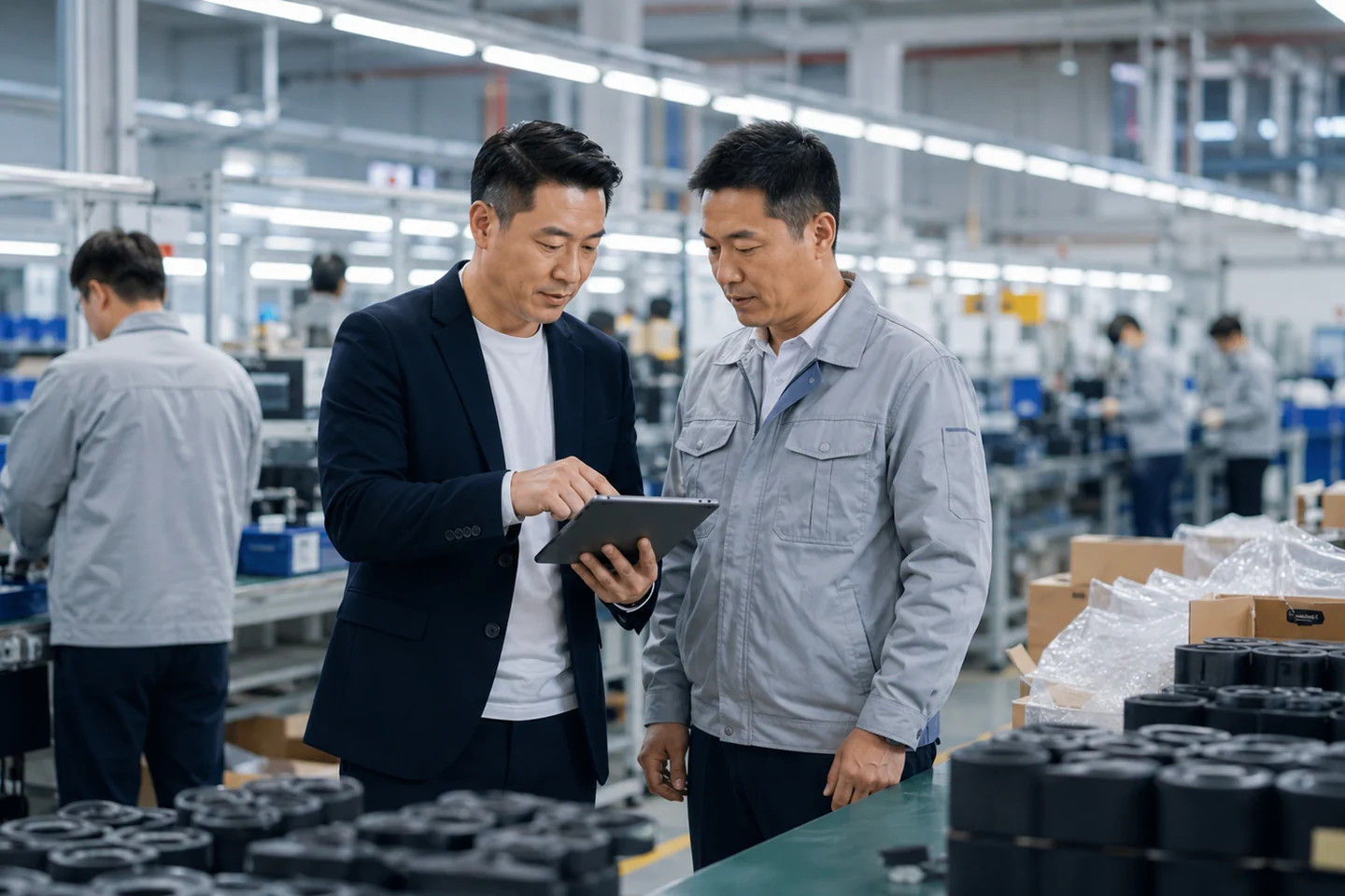 采购代表与中国工厂负责人核查生产节点。